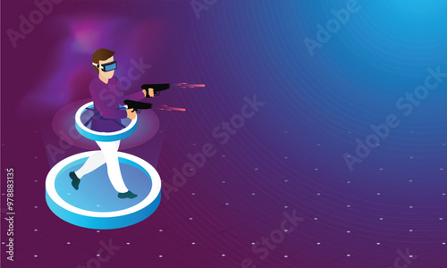 Virtual Reality concept for Gaming Experience, man wearing VR glasses, firing in imaginary shooting game on shiny dotted background.