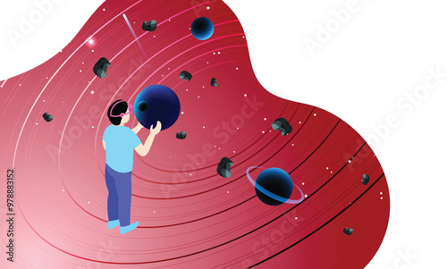 Man interacting with imaginary or virtual interface of space through VR glasses for Virtual Reality concept.