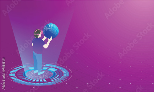 Character of man wearing VR glasses interact with virtual interface. Website banner or template design for Virtual Reality concept.