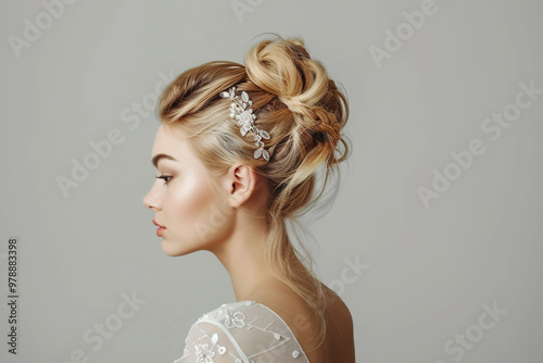 Beautiful blonde woman with hair in a wedding bun hairstyle