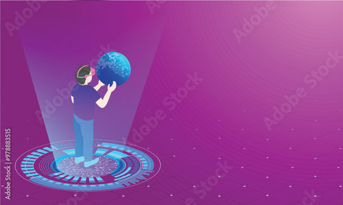 Character of man wearing VR glasses interact with virtual interface. Website banner or template design for Virtual Reality concept.