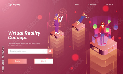 Virtual Reality concept based landing page design with Character of men and lady on top of isometric building interacting with imaginary or virtual world, universe and interface through VR glasses.