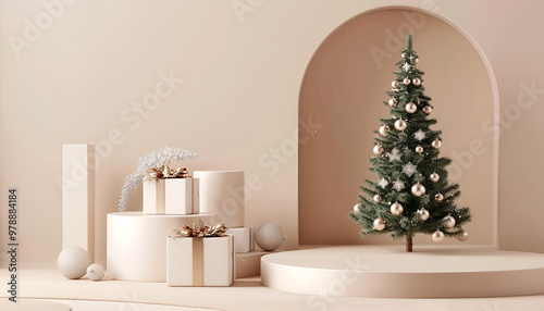 Wallpaper Mural Abstract minimal mock up scene, geometry podium shape for show cosmetic product display, Christmas tree and gift box, Christmas and New Year's studio interior platform Torontodigital.ca