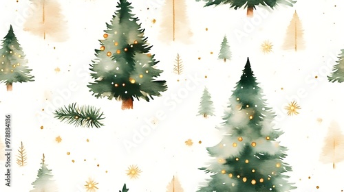 Intricate Watercolor Christmas Tree Pattern on White Background with Twinkling Lights