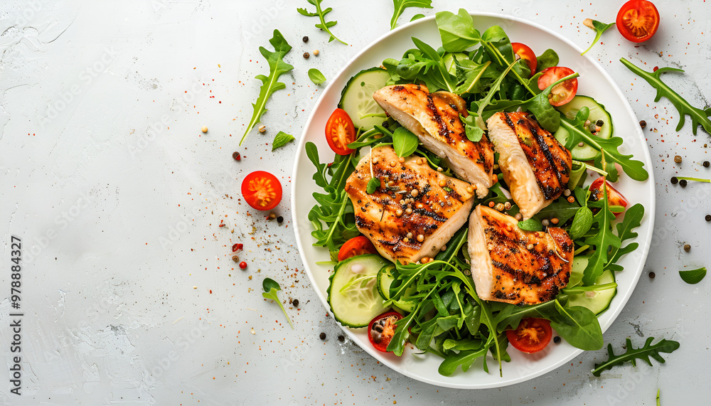 Grilled chicken with green salad. Keto diet, healthy eating. Top view on white table with space for text Grilled chicken with green salad. Keto diet, healthy eating. Top view on white table with space for text
