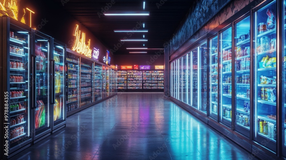 Refrigerators in a grocery store with neon lights Refrigerators in a grocery store with neon lights