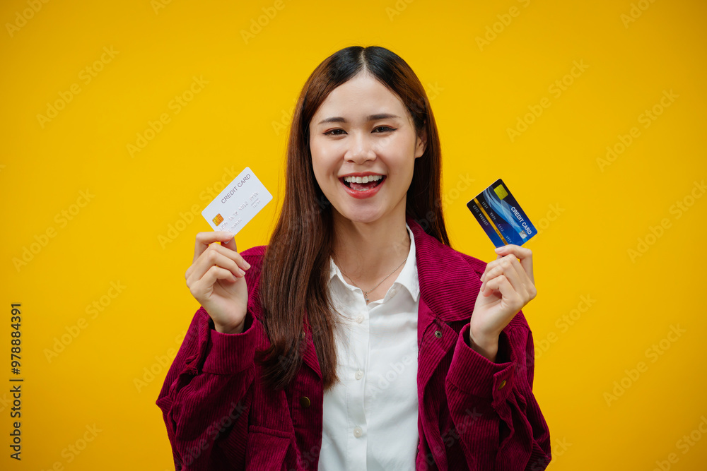Woman showing credit card for shopping online with happy pleasure isolated over yellow background Woman showing credit card for shopping online with happy pleasure isolated over yellow background