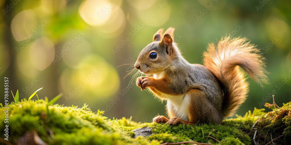 Fototapeta premium |Cute baby squirrel playing in the forest , adorable, wildlife, nature, small, furry, cute, young, rodent, tree, outdoor