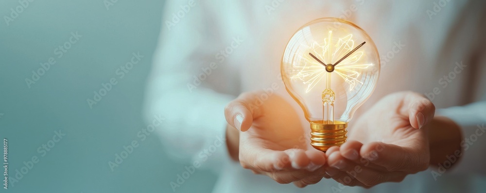 A person holding a glowing light bulb with a clock inside, symbolizing innovation, time management, and creative thinking. A person holding a glowing light bulb with a clock inside, symbolizing innovation, time management, and creative thinking.