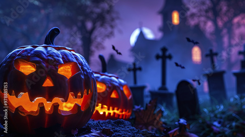 Jack-o-lantern pumpkins in night forest cemetery against creepy mansion on Halloween night