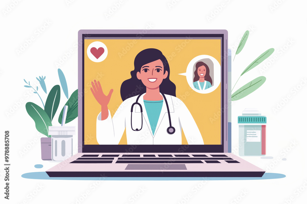 Conceptual flat illustration of e-health. Female healthcare worker on a laptop screen, representing telemedicine and online medical consultation. Conceptual flat illustration of e-health. Female healthcare worker on a laptop screen, representing telemedicine and online medical consultation.