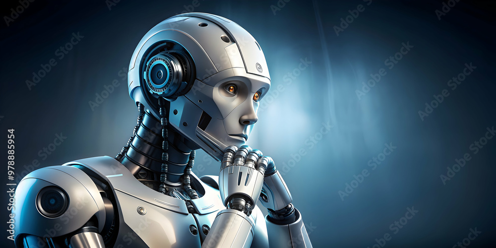 Futuristic robot lost in thought, robot, future, AI, technology, android, contemplation