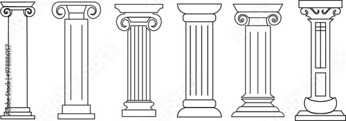 Set of Ancient pillar or Column icons. Elegant classic roman, Greek architecture Line silhouette column. Law Marble Sculpture. Symbols elements for infographic web isolated on transparent background.