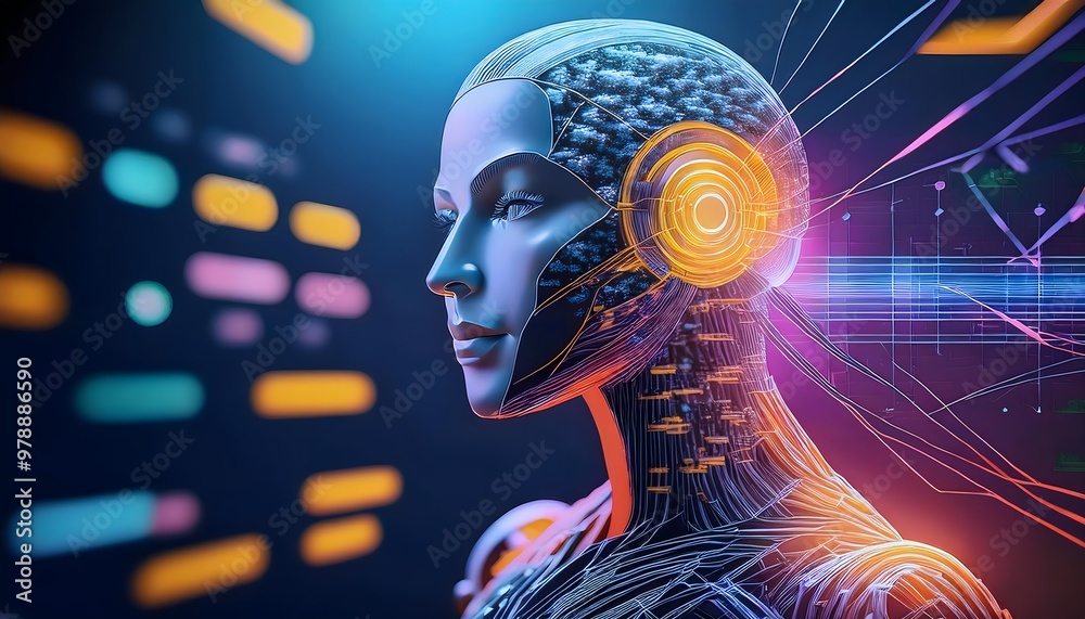 The concept of AI, a robot brain that will replace humans. A 3D rendering of a humanoid robot's face with a brain built from a circuit board with commands from Ai. The concept of AI, a robot brain that will replace humans. A 3D rendering of a humanoid robot's face with a brain built from a circuit board with commands from Ai.