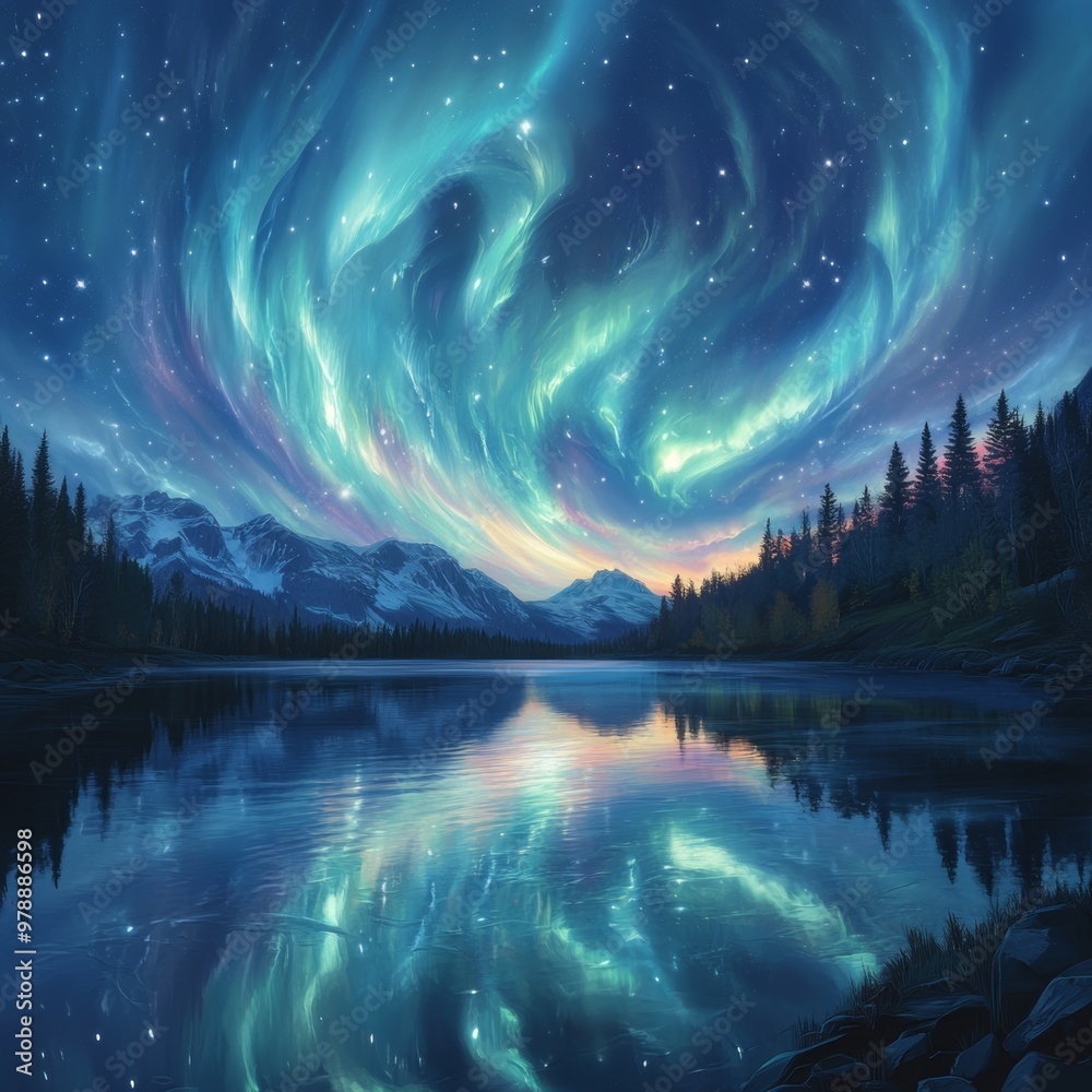 Obraz premium Northern Lights Reflection in Mountain Lake at Night