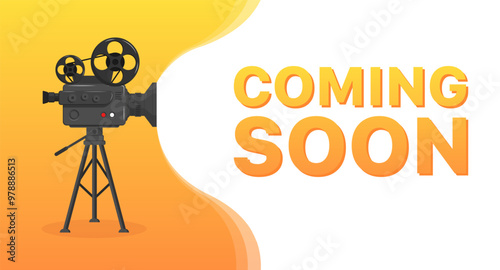 Coming soon message icon. Old cinema camera icon. Flat style. Vector icon.