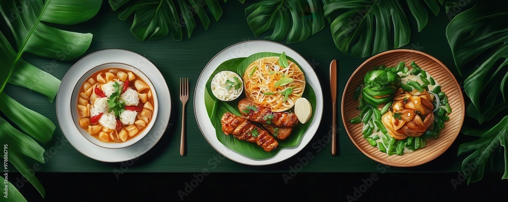 An eye-level angle of a utopian dining table set among lush greenery, featuring fusion dishes that defy gravity An eye-level angle of a utopian dining table set among lush greenery, featuring fusion dishes that defy gravity