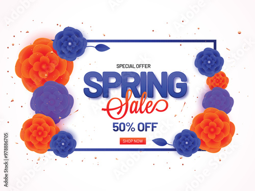 Spring Sale banner or poster design with discount offer and paper flowers decorated on white background.