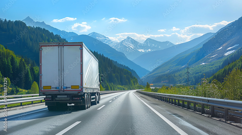 Rear view of truck with trailer driving on highway between mountains. Fast parcel delivery, safe cargo transportation Rear view of truck with trailer driving on highway between mountains. Fast parcel delivery, safe cargo transportation