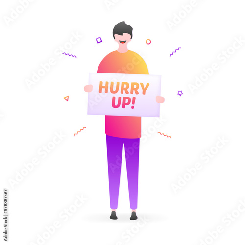 Hurry up message icon. Man holds sign icon. Flat style. Vector icon.