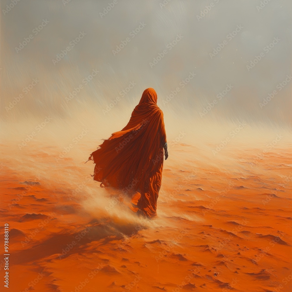 Solitary Figure Walking Through a Dusty Orange Desert Solitary Figure Walking Through a Dusty Orange Desert