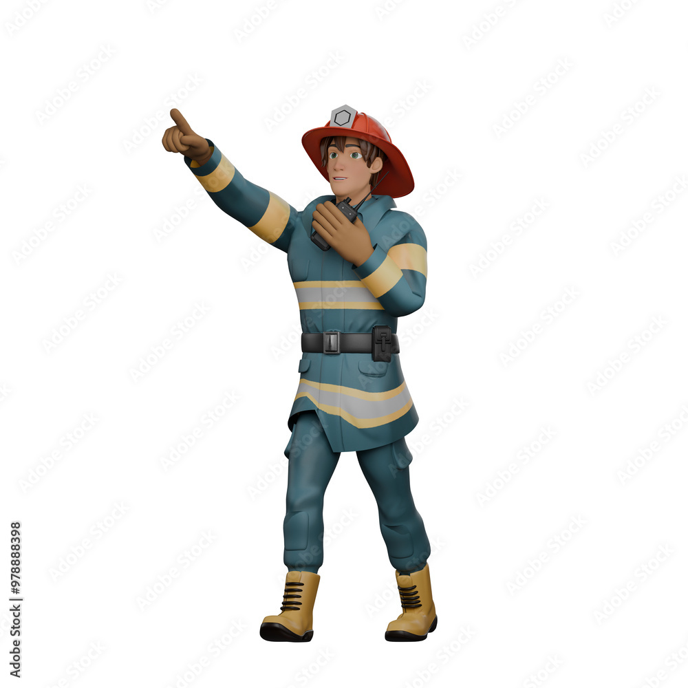 Illustrative 3D Male Firefighter. A firefighter is standing while communicating via a walkie talkie in his hand while the other hand is pointing upwards. Firefighting Leader Illustrative 3D Male Firefighter. A firefighter is standing while communicating via a walkie talkie in his hand while the other hand is pointing upwards. Firefighting Leader