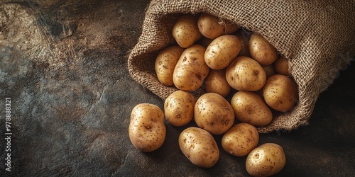 Freshly Harvested Potatoes Spilling from a Burlap Sack onto a Rustic Surface