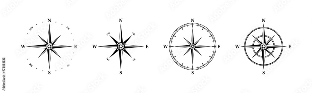 Compass set icons. Linear and silhouette style. Vector icons. Compass set icons. Linear and silhouette style. Vector icons.