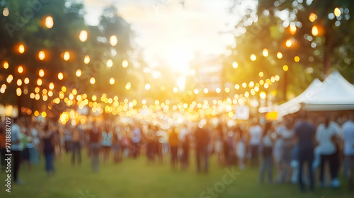 Blurred Abstract Background of a Crowd Gathering at an Outdoor Event with String Lights and a Tent