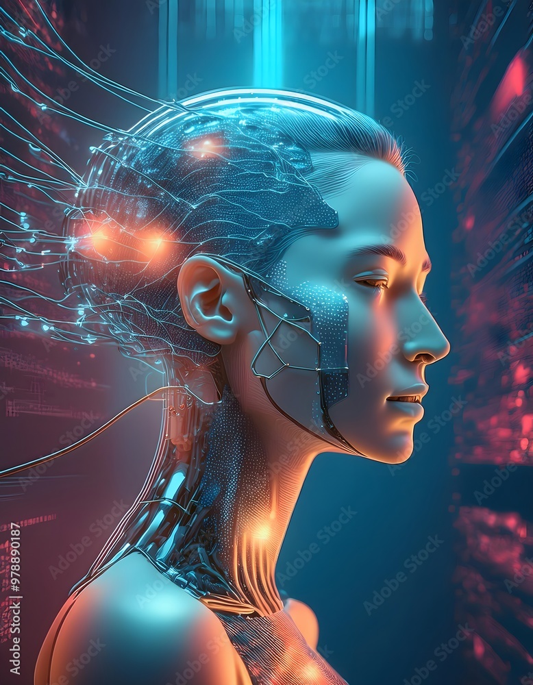 The concept of AI, a robot brain that will replace humans. A 3D rendering of a humanoid robot's face with a brain built from a circuit board with commands from Ai. The concept of AI, a robot brain that will replace humans. A 3D rendering of a humanoid robot's face with a brain built from a circuit board with commands from Ai.