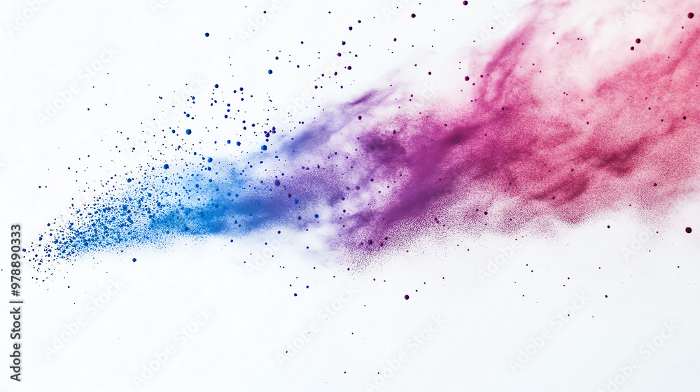 Abstract blue and pink powder explosion on white background. Colorful dust cloud with splatters. Artistic design element. Abstract blue and pink powder explosion on white background. Colorful dust cloud with splatters. Artistic design element.