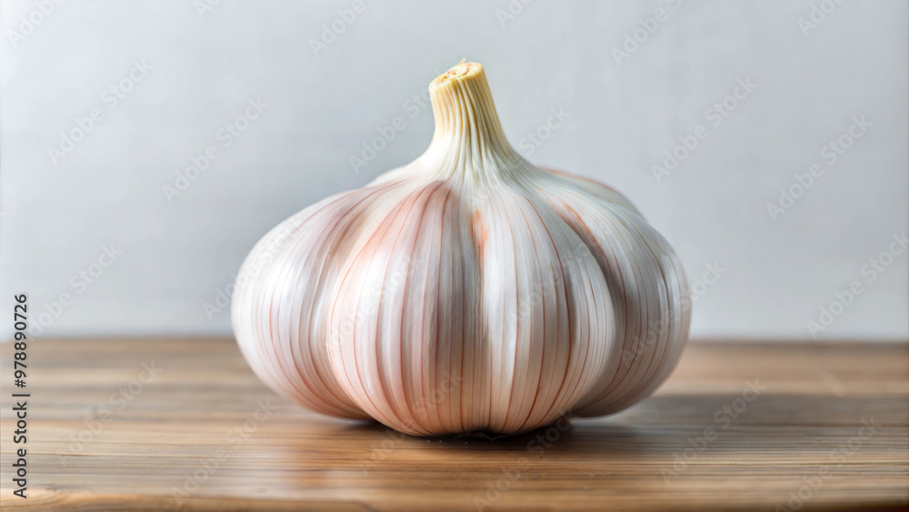 Obraz premium Large garlic bulb on a wooden table with a rustic background