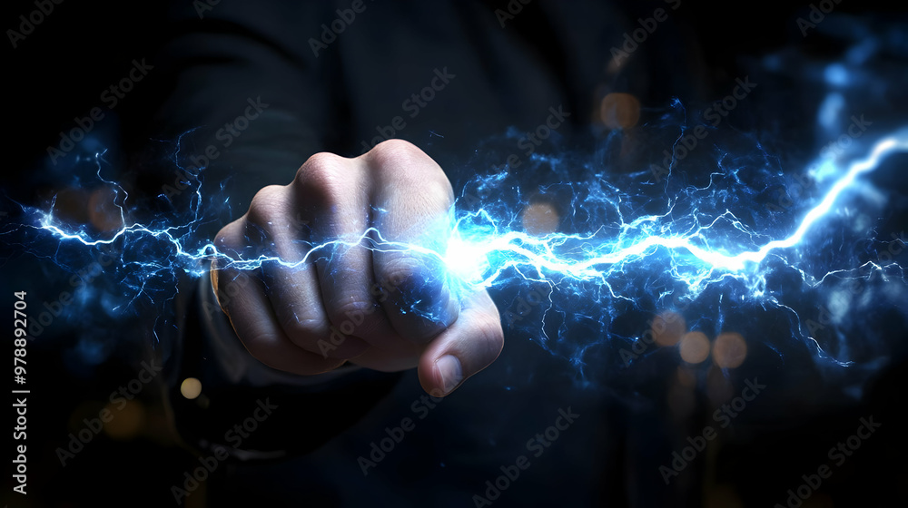 A Powerful Hand Releases a Blue Electric Bolt of Energy in a Dark Setting, Illustrating the Concept of Electricity A Powerful Hand Releases a Blue Electric Bolt of Energy in a Dark Setting, Illustrating the Concept of Electricity