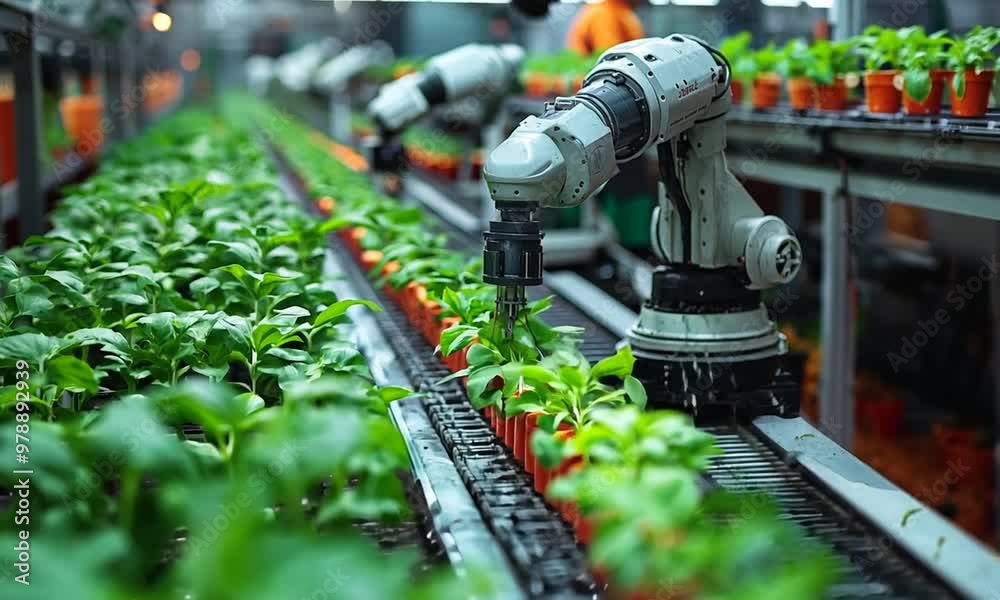 Robots tending to plants on an assembly line