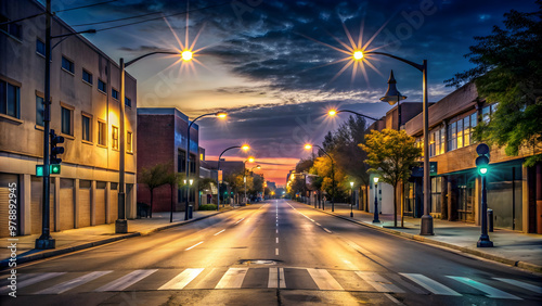 Pre-dawn light illuminates a desolate urban street , urban decay, empty, solitude, derelict buildings, blue hue, quiet