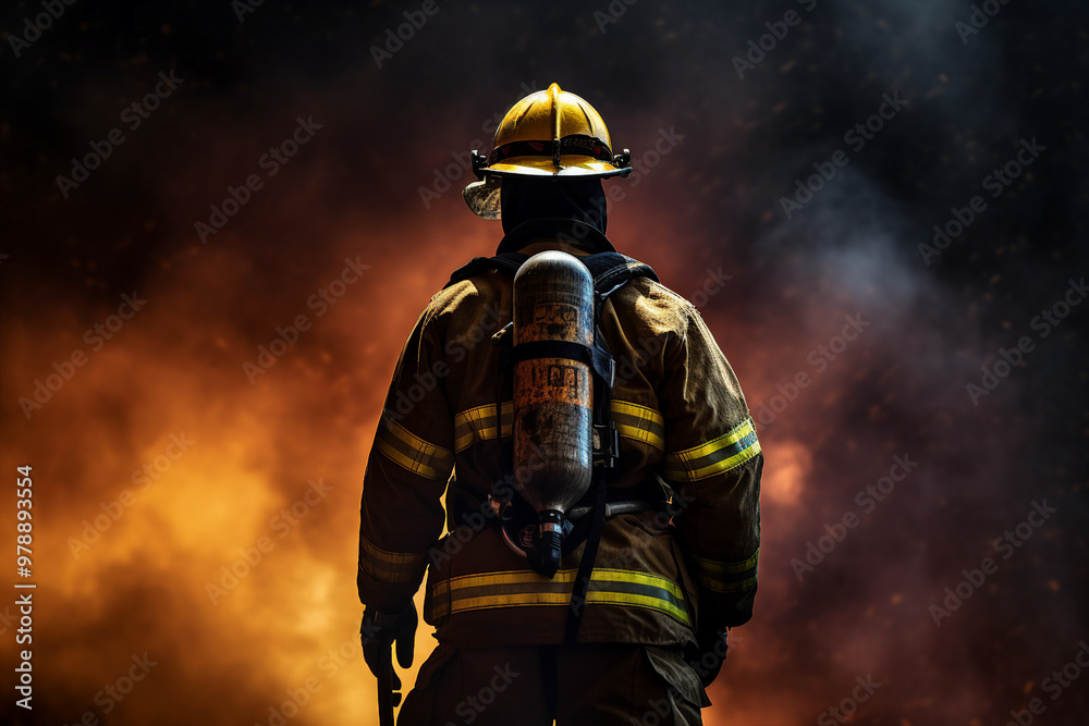 AI generated photo of courageous male firefighter against the backdrop of a fire AI generated photo of courageous male firefighter against the backdrop of a fire