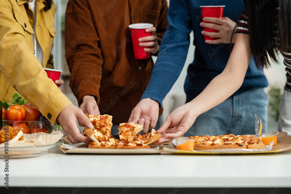 drinks and conversation, social gathering and get together. Young people, group and happiness at fast food pizzeria, celebration at home. drinks and conversation, social gathering and get together. Young people, group and happiness at fast food pizzeria, celebration at home.