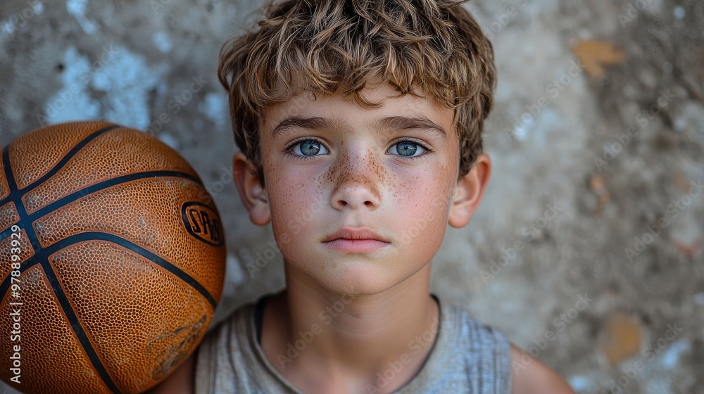 Young Boy with Basketball and Serious Expression Young Boy with Basketball and Serious Expression