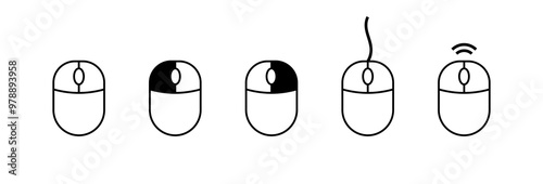 Clicking the mouse set icons. Linear and silhouette style. Vector icons.