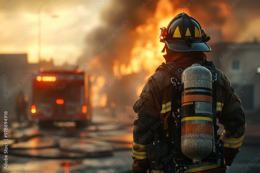 Firefighter with a water canister on their back, walking towards a burning Firefighter with a water canister on their back, walking towards a burning
