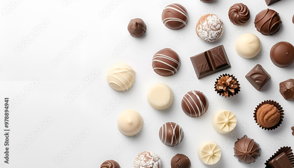 Set with different chocolate candies on white background, space for text Set with different chocolate candies on white background, space for text