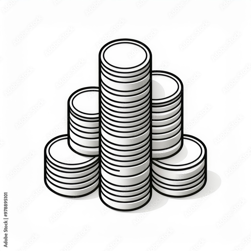 Monochrome Vector Illustration of Stacked Coins in Various Sizes, Casting Shadows, Isolated on White Background. Vector Logo Icon Monochrome Vector Illustration of Stacked Coins in Various Sizes, Casting Shadows, Isolated on White Background. Vector Logo Icon