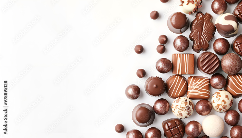 Set with different chocolate candies on white background, space for text Set with different chocolate candies on white background, space for text