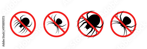 Spider warning sign set icons. Flat and silhouette style. Vector icons.