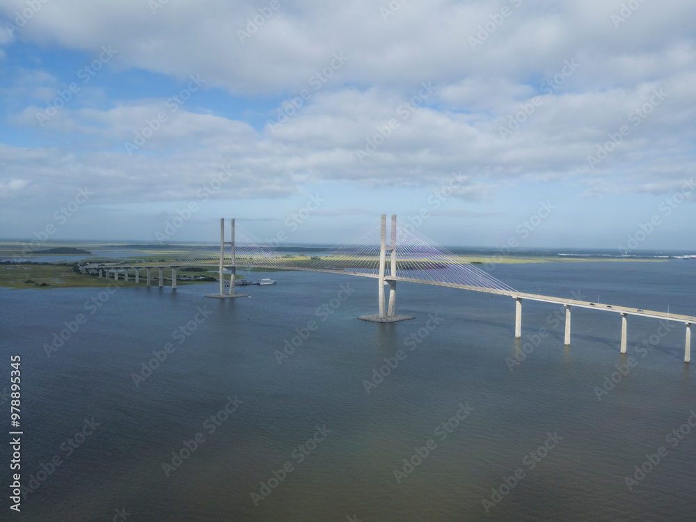 Aerial view of the modern suspension bridge over Turtle River, Brunswick, United States. Aerial view of the modern suspension bridge over Turtle River, Brunswick, United States.