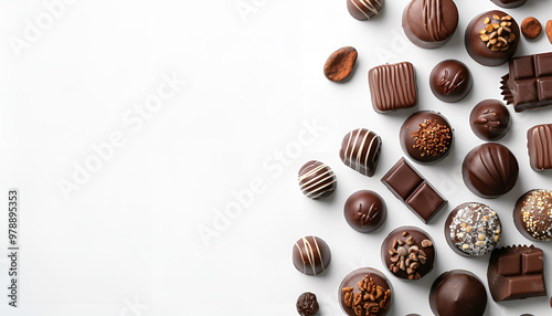 Set with different chocolate candies on white background, space for text