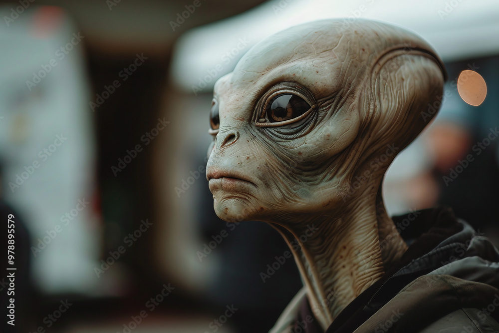 UFO space visitor alien on Earth living human life with everyday routine staff, Generative AI