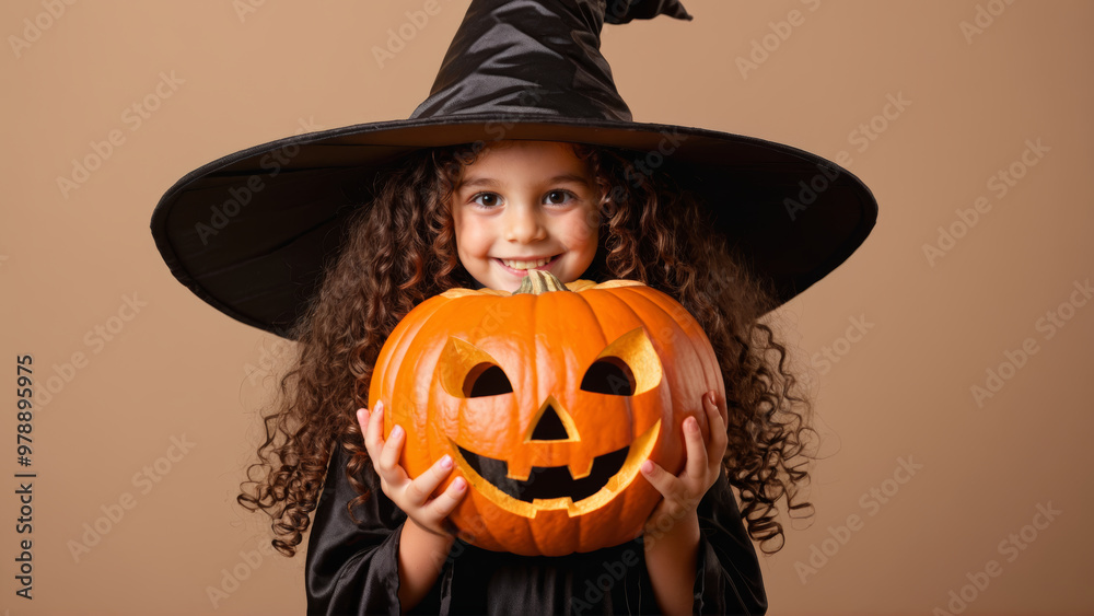 Smiling child in a witch costume holding a jack-o-lantern pumpkin indoors Smiling child in a witch costume holding a jack-o-lantern pumpkin indoors