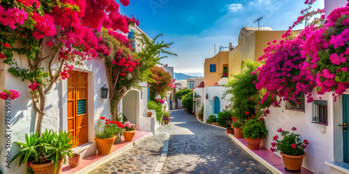 Fototapeta Naklejka Na Ścianę i Meble -  Beautiful street in Santorini, Greece surrounded by colorful flowers , Santorini, Greece, beautiful, street
