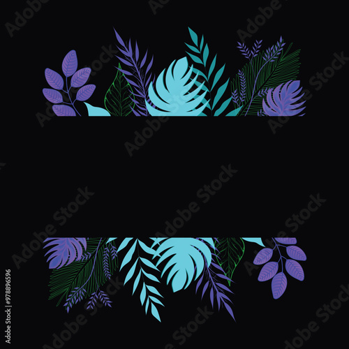 voilet and blue tropical leaves decorated black background with space for your text. photo